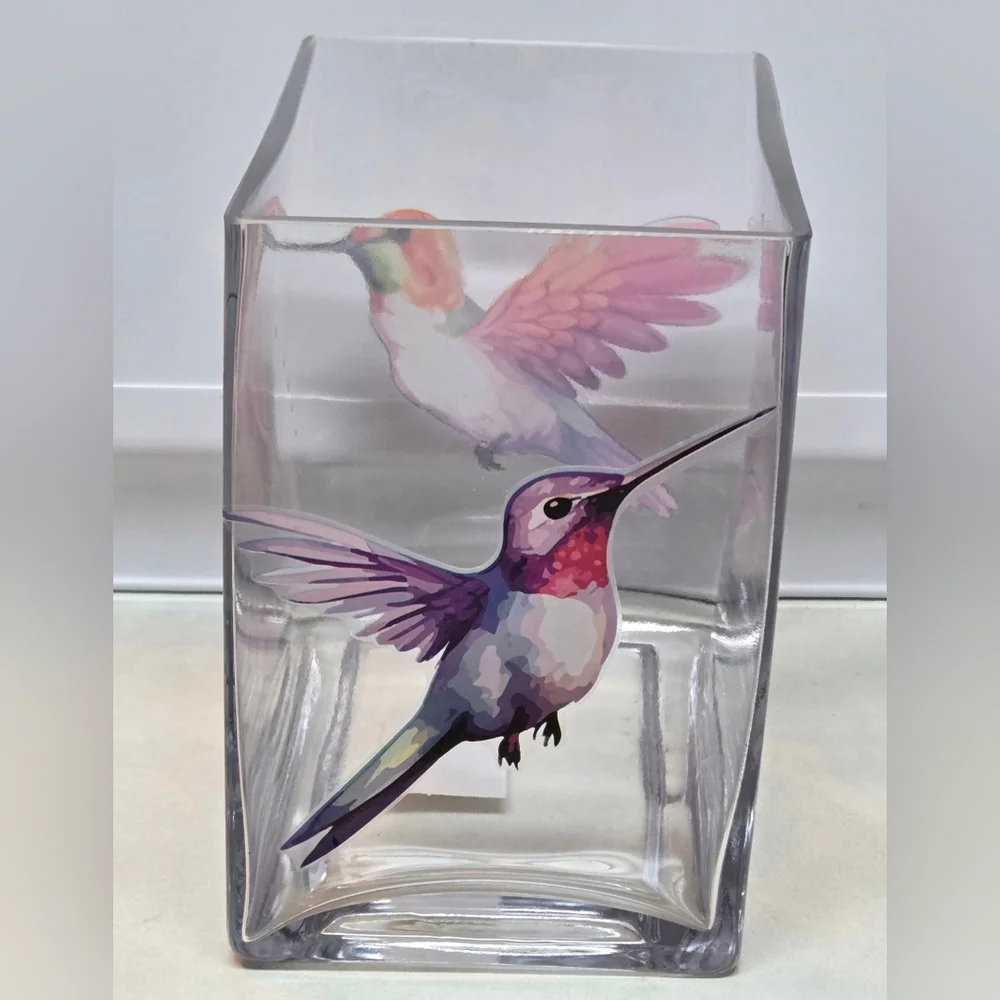 Heavy Glass Hummingbird Decal Vase 6x6x4